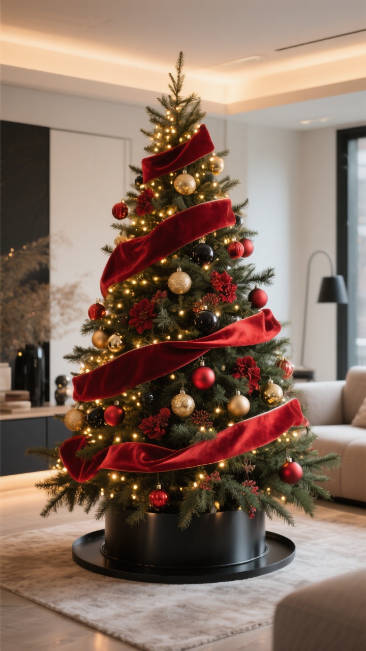 A medium shot of a Christmas tree styled like a designer centerpiece in a modern living room, with a cohesive palette of red and gold plus subtle black accents; lights woven deep into branches at high density, two ribbons (one wide satin, one narrow velvet) tucked in loose S-curves, larger ornaments placed inside the tree for depth and hero ornaments at eye level, floral picks and cedar branches filling gaps, and a matte black metal tree collar instead of a skirt; warm 2700K glow, shallow depth of field emphasizing layered dimension, no people