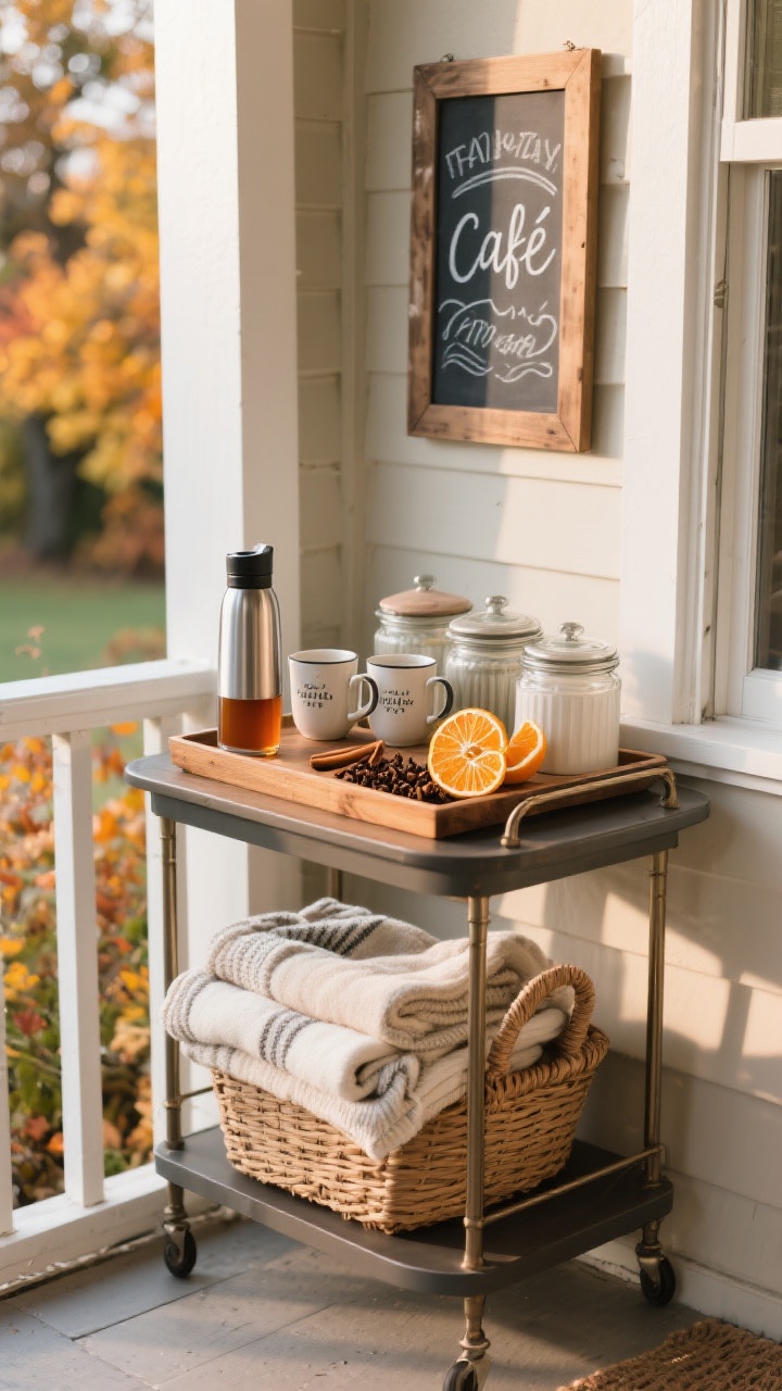 A medium shot of a fall sip station on a small porch: a compact bar cart with ceramic mugs, a stainless thermos of cider or cocoa, and a wood tray styled with cinnamon sticks, whole cloves, and dried orange slices; lidded jars and covered containers for weather safety; a small chalkboard sign with charming cafe-style lettering; a basket of folded blankets below; natural late-afternoon light for warmth.