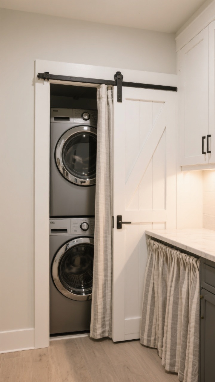 A medium shot of a laundry closet concealed with style: a paneled white bifold barn-style door partly open to reveal matching machines; under-counter area finished with a linen stripe tension-rod fabric skirt; one machine clad in a subtle matte gray magnetic vinyl cover; minimalist countertop unifies the look; soft, warm ambient lighting; straight-on perspective focusing on concealment solutions.