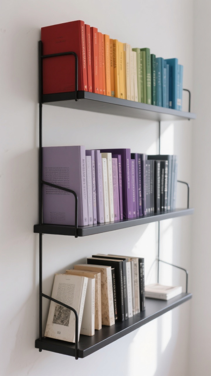 A medium shot of a modern bookshelf styled by color groups: warm tones (reds, oranges, yellows) on the top shelf, cool tones (blues, greens, purples) on the middle shelf, and neutrals (whites, blacks, tans) on the bottom, each shelf arranged in smooth dark-to-light gradients; include a few dusty paperbacks flipped spine-in on the lowest shelf to reduce visual noise; clean white wall backdrop, matte black metal shelf frame, soft natural daylight from the left, calm, curated mood, no people, photorealistic.