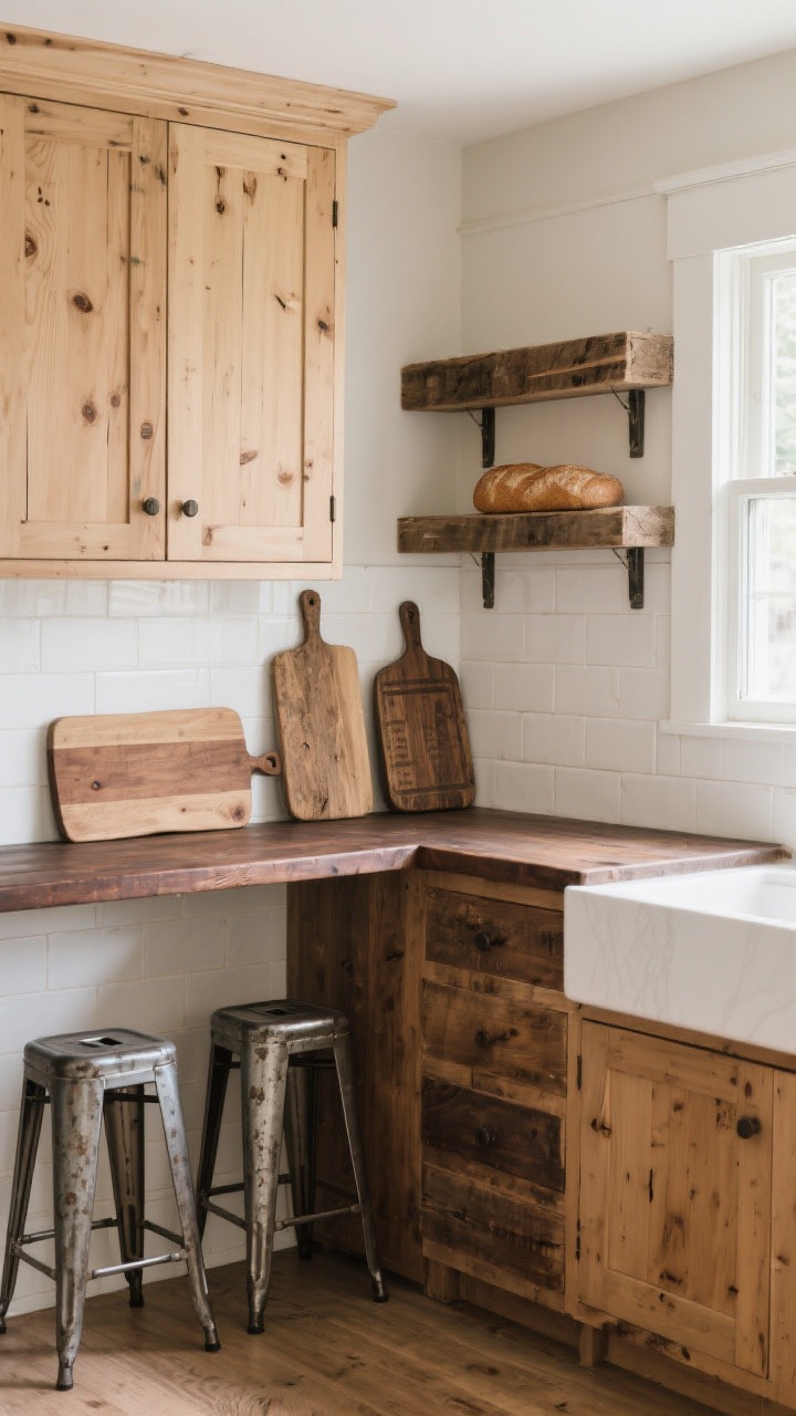 A medium shot of a rustic farmhouse kitchen corner showcasing mixed woods: light oak shaker cabinets with a matte raw finish, a darker walnut island top, and reclaimed pine open shelf. Include wood-and-metal bar stools with a worn finish, a thick butcher block cutting board layered on the counter, and two vintage bread boards leaning against a white backsplash for height and depth. Natural daylight from a nearby window casts a warm glow, emphasizing varied wood grains and subtle scratches for character. Shot straight-on to highlight cohesive tones with one strong contrast.