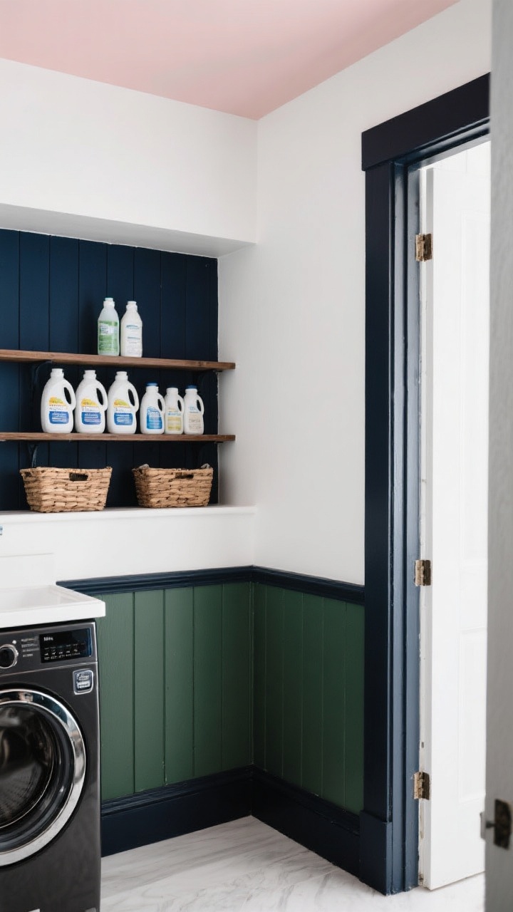 A medium shot of a small laundry nook painted two-tone with crisp white upper walls and moody olive lower walls, high-contrast charcoal trim on the door and baseboards, and a soft blush-painted ceiling; open shelves against a bold navy accent panel showcase neatly arranged detergent bottles and baskets; semi-gloss finish subtly reflecting light for a wipeable, polished look; straight-on view, photorealistic, no people.