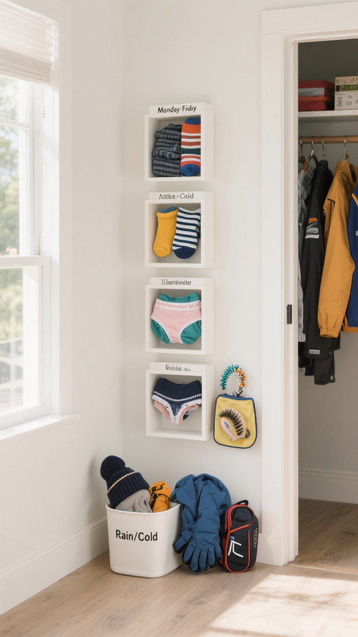 A medium shot of a weekly outfit planner station beside a closet: a five-slot hanging shelf labeled Monday–Friday, each cubby containing a full outfit with socks and underwear. Include a small “Rain/Cold” bin nearby with a beanie, gloves, and a folded rain jacket; a hair accessory pouch and a piece of sports gear visible on the appropriate day. Clean, bright morning light; playful yet organized vibe.