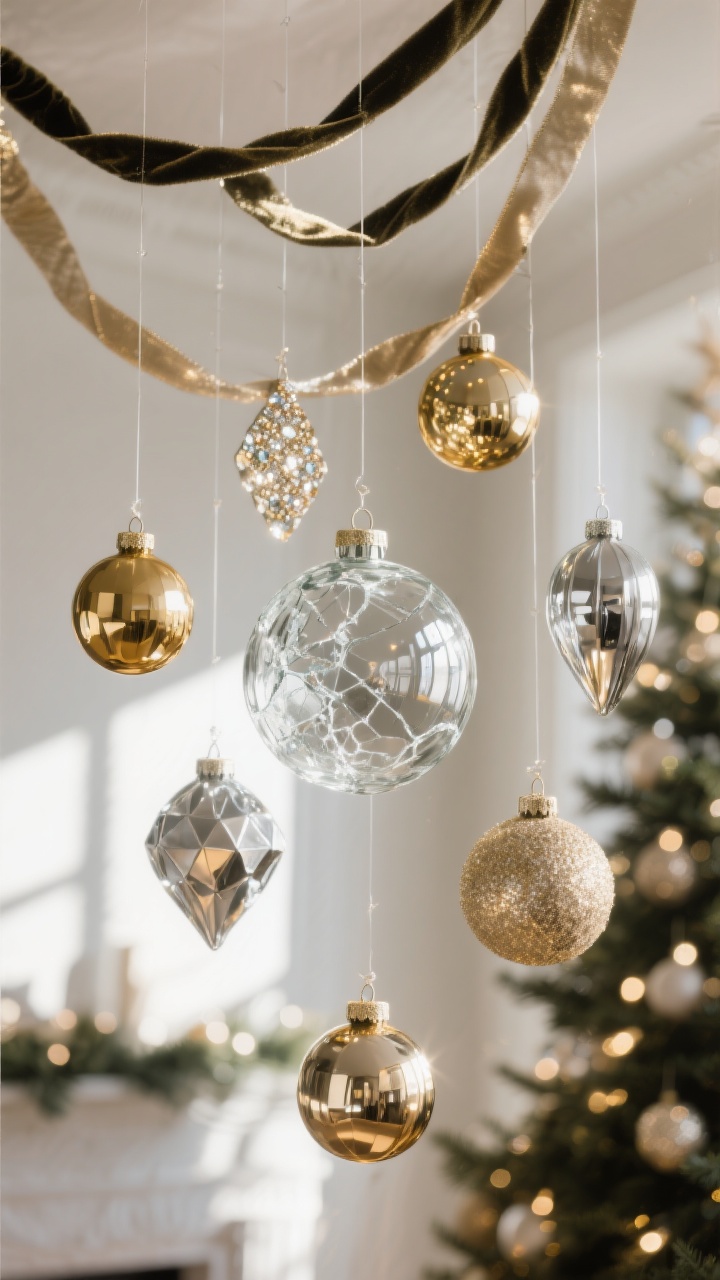 A medium shot of a window treated like jewelry: glass and shatterproof ornaments suspended at different lengths on clear fishing line and velvet ribbon, sparkling in daytime sunlight. Palette focuses on metallics—gold, silver, and mercury glass—with mixed textures: matte, faceted, and mercury finishes, arranged in an odd-number grouping of five, plus one oversized ornament centered as a dramatic focal point. Soft reflections from nearby Christmas tree lights hint in the background.