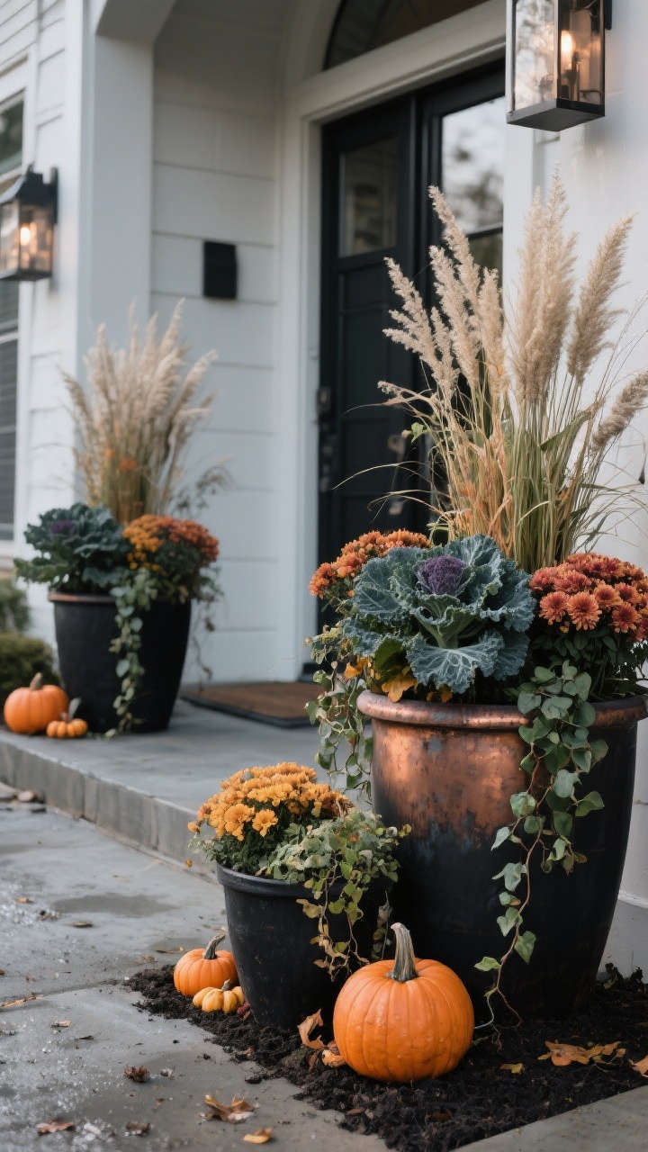 A medium shot of moody fall planters flanking a front entry: matte black and aged copper containers filled with ornamental kale, mums, trailing ivy, and tall grasses for movement; grouped in odd numbers for flow; mini pumpkins tucked into the soil as seasonal accents; cool morning light with slight dew for freshness; focus on layered height and the interplay of matte and metallic finishes.