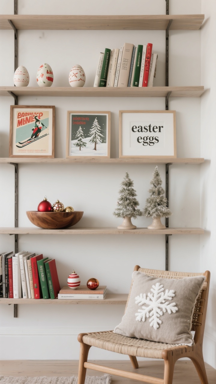 A medium shot of styled bookshelves and wall with curated holiday “easter eggs”: frames featuring a vintage ski poster, a winter botanical, and minimalist holiday typography; books flipped to neutral jackets with a couple of festive red and green spines; a pair of ceramic trees, a wooden bowl holding a few statement ornaments, and one witty snowflake pillow on a nearby chair balanced by solid textured cushions; clean, understated, photorealistic