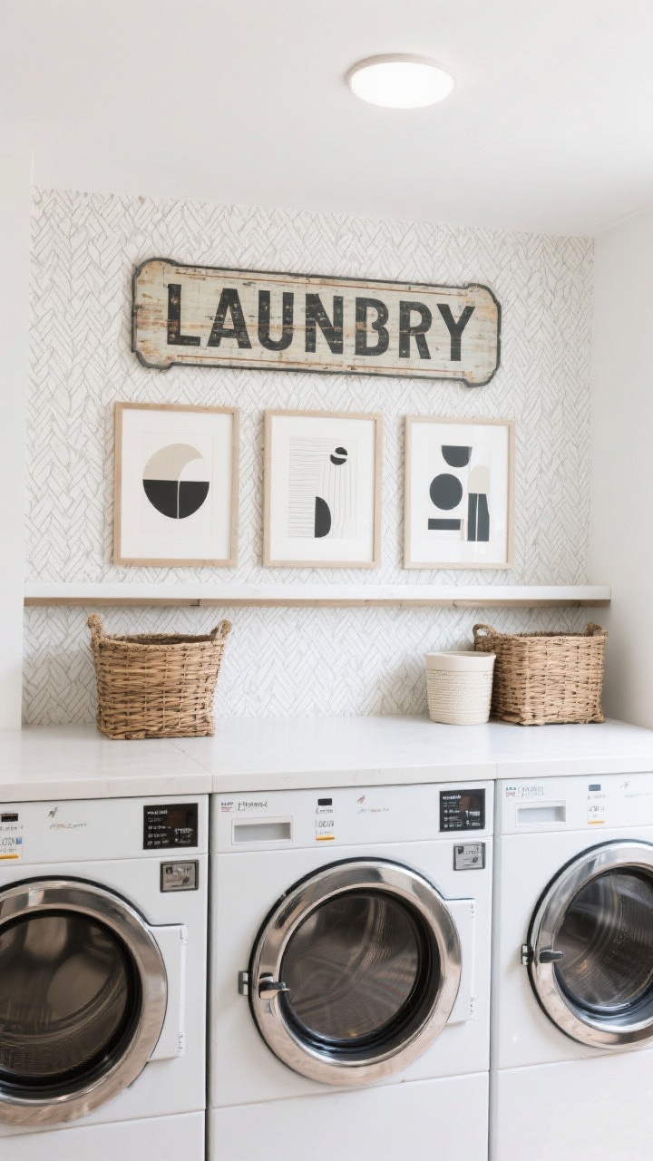 A medium shot of styled walls: a peel-and-stick wallpaper panel with a subtle geometric pattern behind the machines, a gallery trio of minimalist abstract prints aligned above a narrow shelf, and one oversized vintage-style laundry sign anchoring the composition; baskets and containers echo the palette for cohesion; clean, bright ambient lighting; straight-on view for graphic impact.