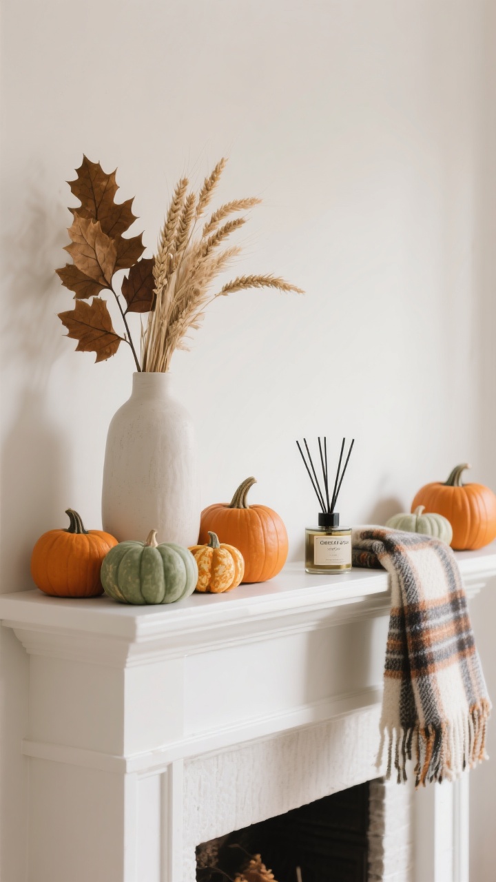 A medium, straight-on mantle emphasizing elevated seasonal statements without clutter: a palette of white, sage, and muted orange mini pumpkins arranged with restraint; a tall vase with dried oak leaves and wheat adding height; a folded plaid scarf or knit runner subtly tucked along the mantle edge; a discreet reed diffuser labeled cedar/clove behind decor. Minimalist composition with edited negative space; soft, warm lighting; photorealistic, no people.