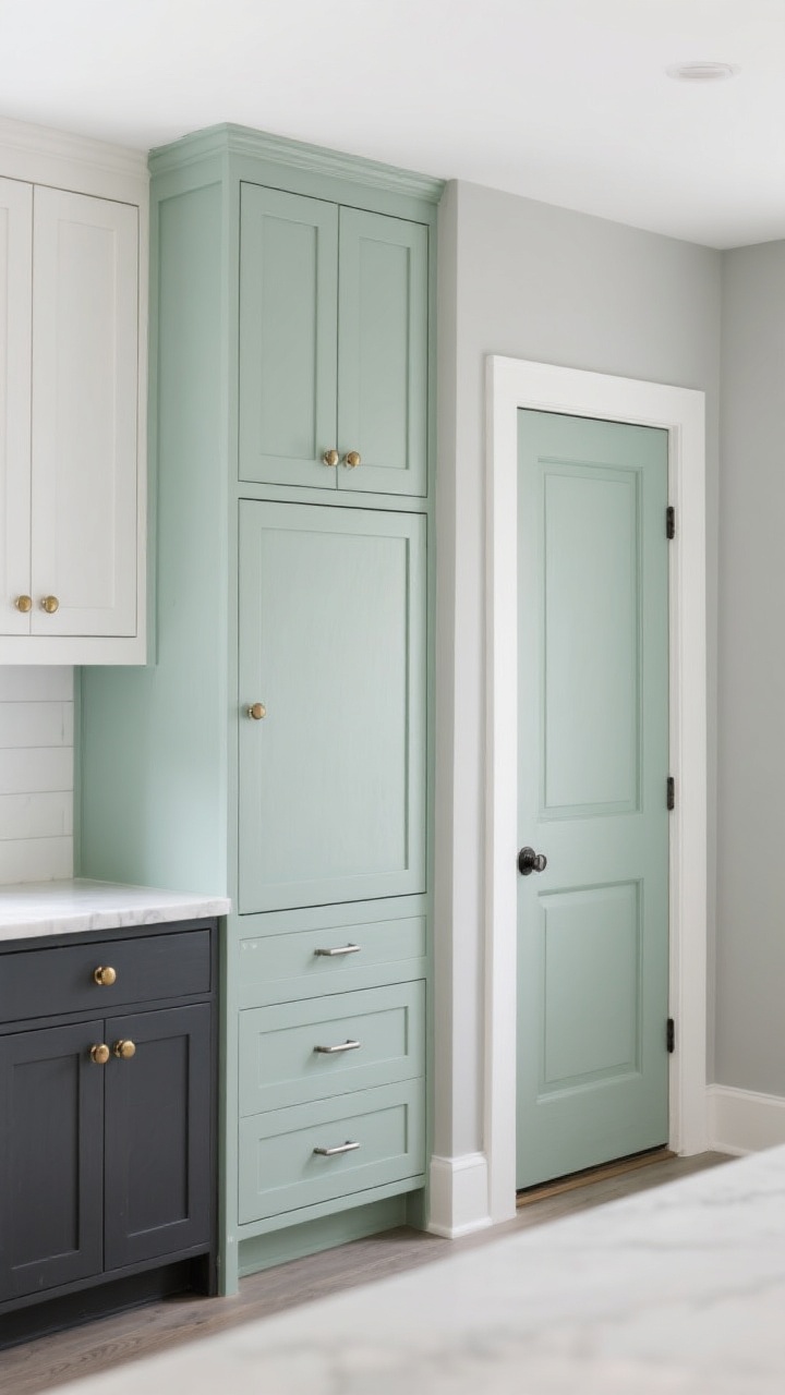 A medium, straight-on shot highlighting color and hardware personality: soft sage cabinets with brushed nickel pulls for a calm coastal look; alternatively shown within the same scene, a section of charcoal lower cabinets with white uppers and brass knobs creating a modern classic contrast; greige walls tie it together, and a painted interior door pops subtly; clean, bright lighting to showcase finishes.