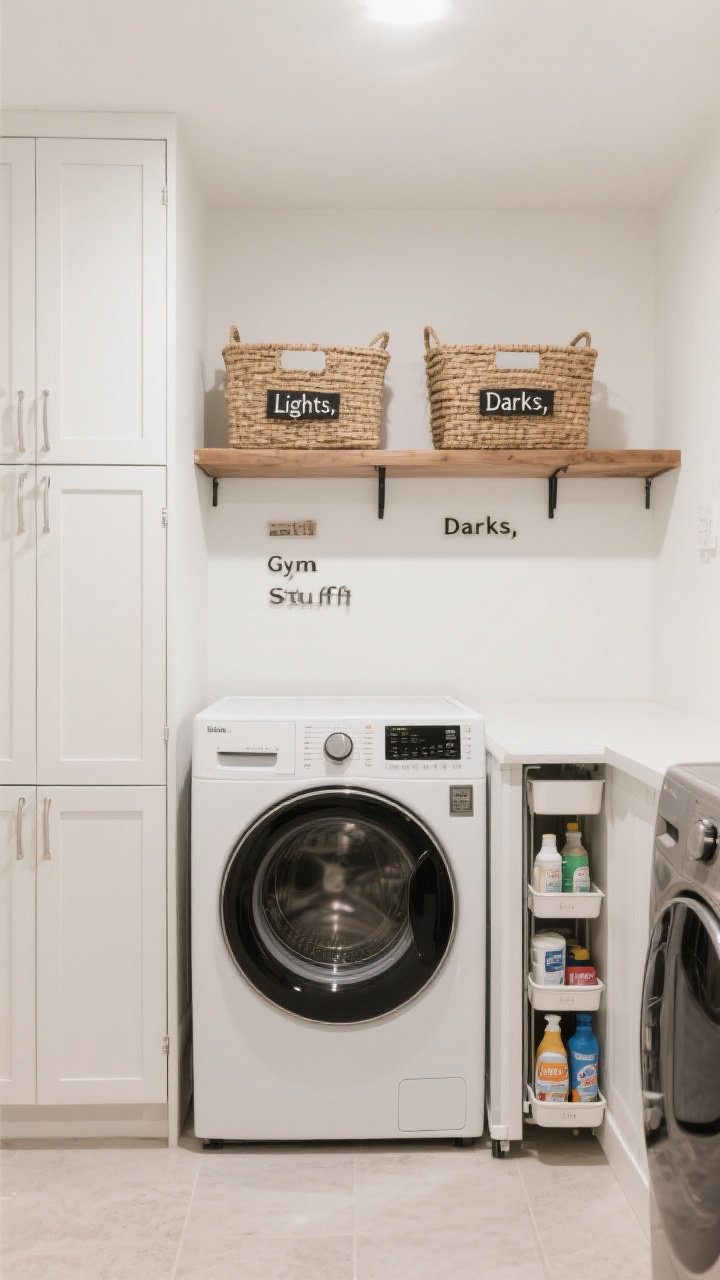 A medium, straight-on shot of a compact laundry room focused on vertical storage: tall white wall-mounted cabinets with soft-close doors, a labeled wood shelf above a front-loading washer and dryer holding woven baskets marked “Lights,” “Darks,” and “Gym Stuff,” and a slim vertical pull-out cart tucked between the machines filled with detergents and stain removers; clean, neutral palette with bright, even lighting, everything neatly corralled for a calm, organized feel.
