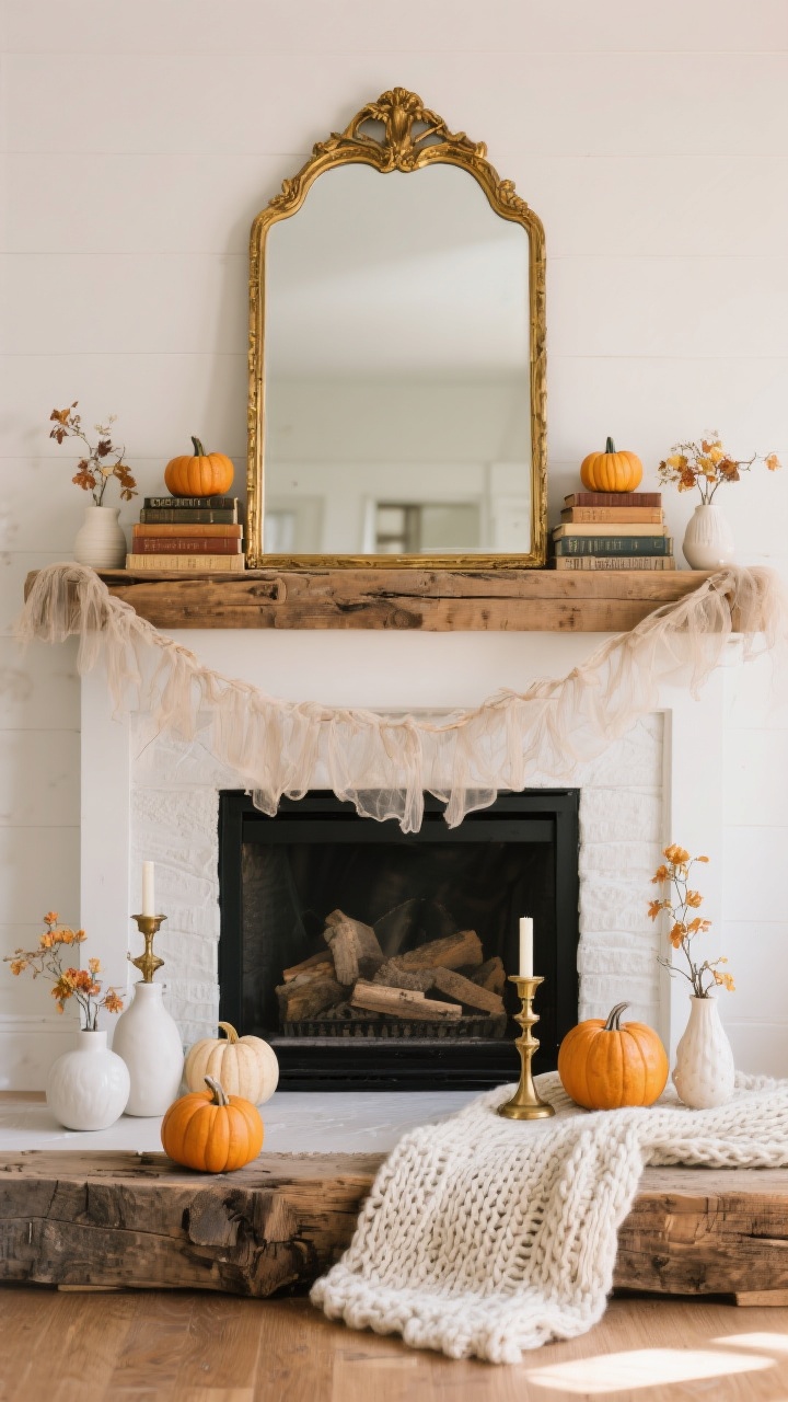 A medium, straight-on shot of a fall fireplace mantle styled with layered textures: a large vintage gold-framed mirror as the anchor backdrop, a second layer of stacked hardcover books and a rustic wooden riser adding height, and a front layer with matte ceramic mini pumpkins, brass candlesticks, and small bud vases. Mix smooth white ceramic, rough reclaimed wood, and a soft chunky knit runner; include a gauzy garland for contrast. Soft afternoon light highlights the material differences; no people, photorealistic.