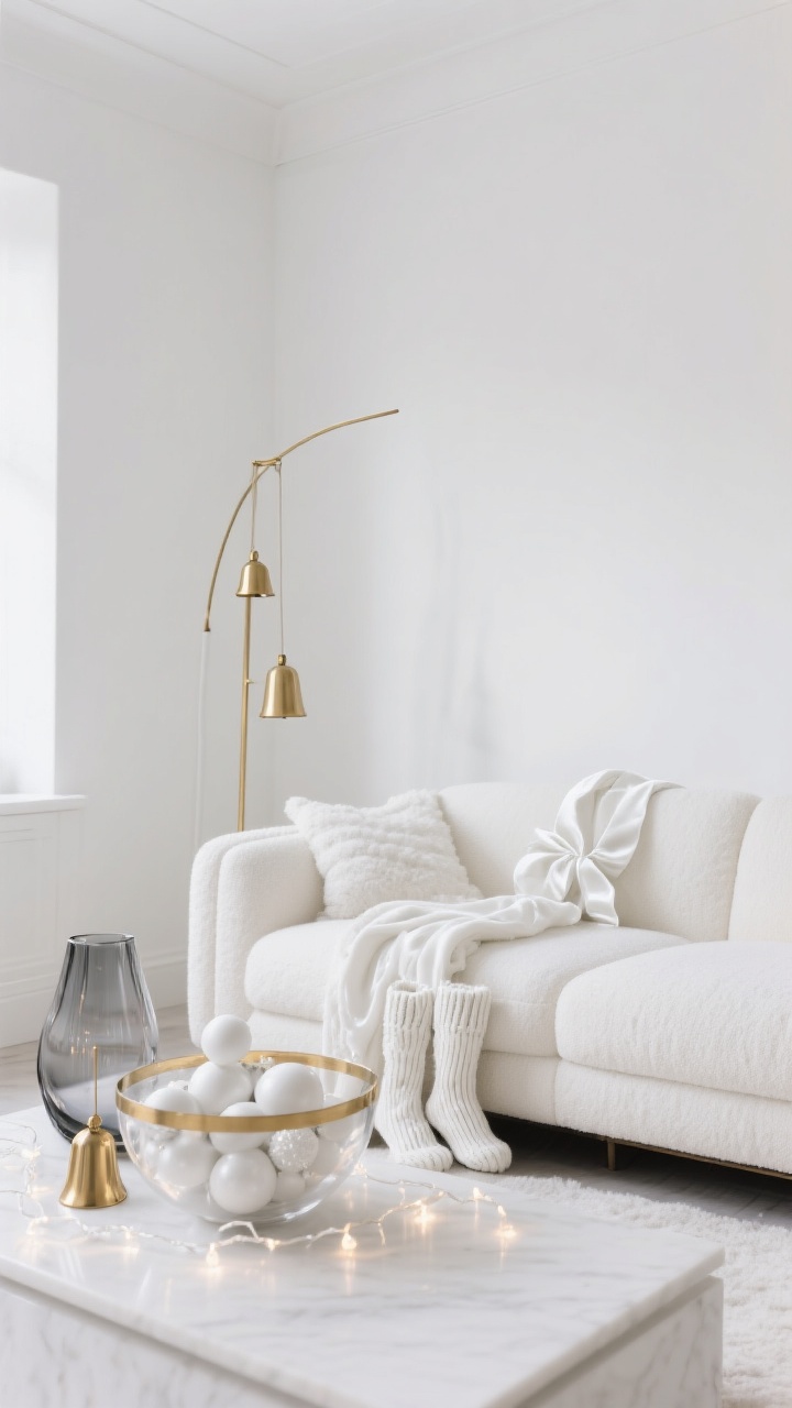 A medium, straight-on shot of a modern living room styled in a monochrome palette of soft whites with one bold brass accent: white walls, ivory sofa with white knit stockings and white velvet ribbon accents, matte white ornaments in a clear bowl, and subtle white string lights casting a clean glow; layered textures in the same shade (velvet ribbons, matte ornaments, knit stockings) with repeating brass details (slim brass bells and a smoked glass vase with a brass rim) for an elegant, restrained look.
