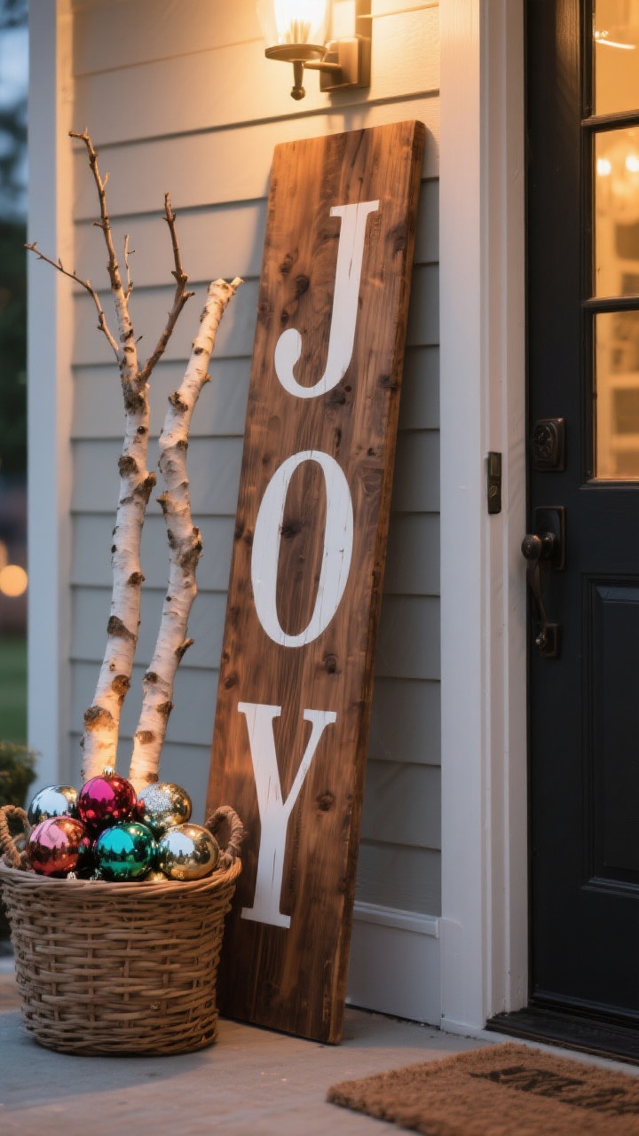 A medium straight-on shot of a signature showpiece near the door: a leaning wooden sign reading “JOY” in bold white letters on stained wood, approximately 42 inches tall, sealed for weather. Nearby, a basket holds oversized shatterproof ornaments in coordinating colors, and a pair of lit birch branch bundles add height. Positioned to frame the entry without blocking it. Warm evening glow enhances the focal element.