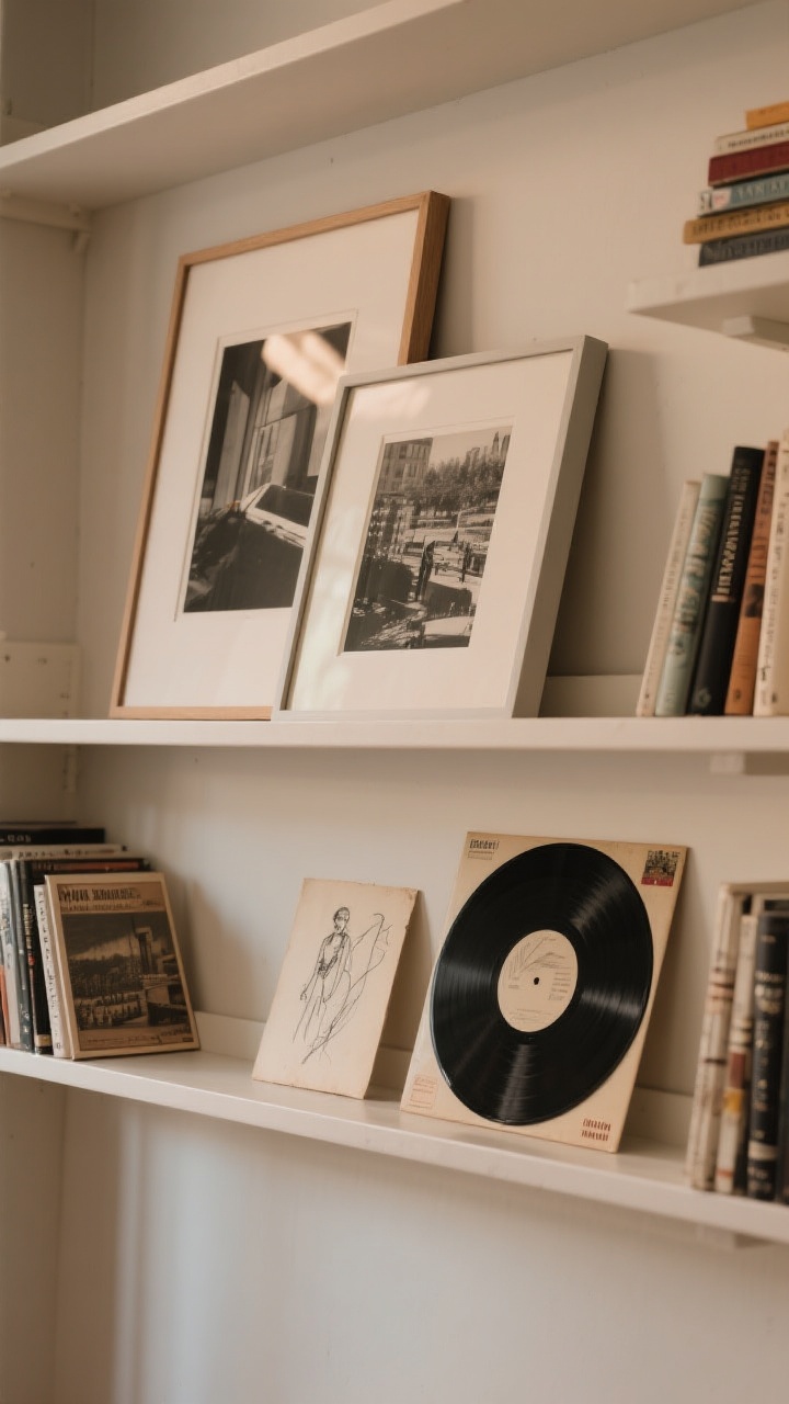 A medium, straight-on shot of shelves styled with art: one larger framed print leaning at the back of each shelf, layered with a smaller print in front; mix of media including a black-and-white photograph, a pencil sketch, a vintage postcard, and a record sleeve; minimal glare using matte frames; interspersed books provide structure, casual yet curated vibe, warm ambient lighting, no people, photorealistic.