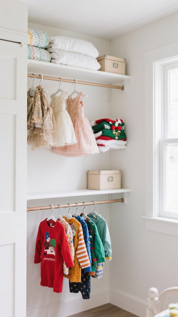 A medium, straight-on view inside a kids’ closet showcasing a low-high hanging system: a lower tension rod filled with everyday kids’ clothes on slim hangers, and a higher rod with dressy/seasonal items. The highest shelf holds neatly stacked extra bedding, a small keepsake box, and holiday wear storage. Natural daylight from the room softly illuminates white closet walls, with adjustable double-rod hardware visible; mood is practical and tidy, no people.