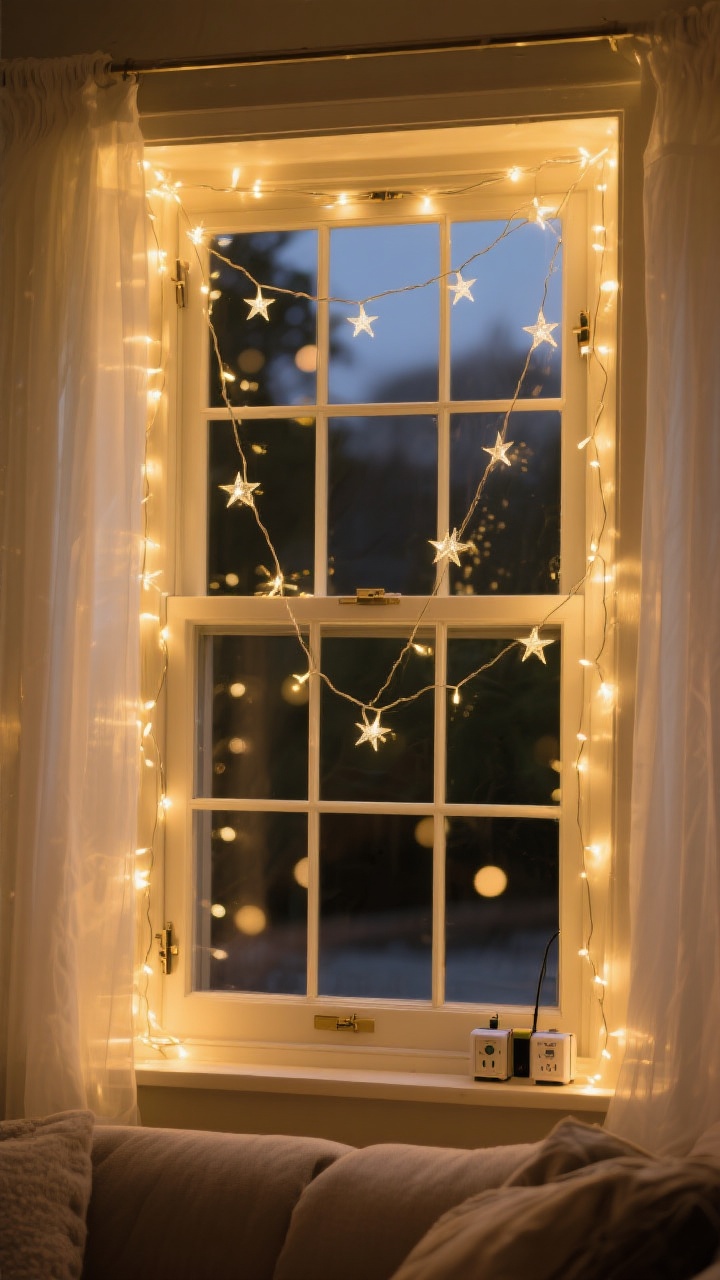 A medium, straight-on view of a living room window outlined with warm-white fairy lights wrapped neatly around the frame and crisscrossed across the glass in a starry lattice. Stick-on clips keep cords tidy; small battery packs with visible timer switches are tucked at the lower corner. Sheer white curtains soften the glow from inside and outside. The mood is cozy, golden, and cinematic, with no other decor stealing focus; photorealistic evening scene with gentle bokeh from the lights.