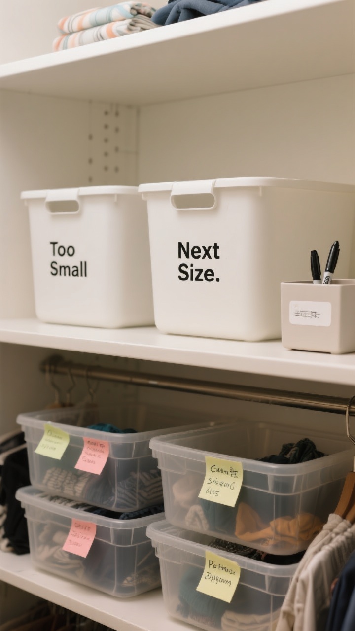 A medium, straight-on view of a top shelf with two large labeled bins: “Too Small” and “Next Size.” Nearby, a small caddy holds a marker and labels for quick updates. A few seasonal categories are indicated on sticky notes (coats, swimwear, sports gear, pajamas). Calm, neutral palette with practical plastic bins; bright, even closet lighting underscores a simple rotation system.