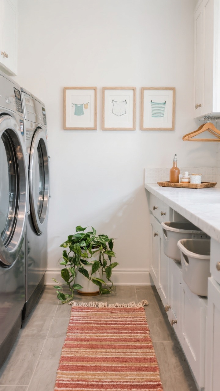 A medium styling vignette in a finished laundry room: a washable runner adds warmth and color on the floor, a small pothos plant (or realistic faux) softens hard surfaces, a trio of framed prints with subtle laundry-themed art on the wall, and a tray on the counter holding one pretty bottle and a few essentials; matching hangers and bins visible nearby; counters mostly clear, bright and inviting without clutter.