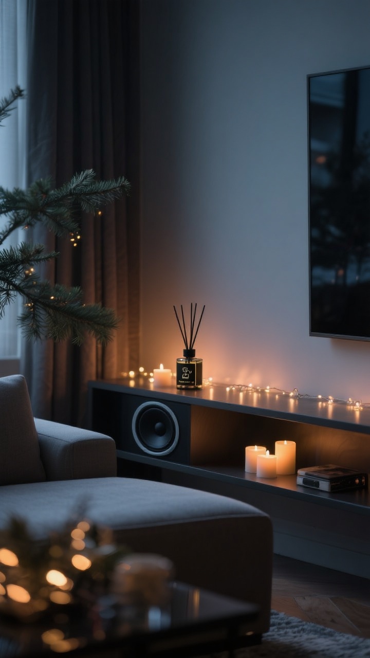 A moody medium shot of a living room corner designed for modern holiday ambiance: a diffuser emitting subtle fir and cedar scent on a shelf, warm micro-lights and candles set to a low evening glow, and a visible speaker discreetly placed for a jazz/acoustic holiday playlist; the overall scene feels like a boutique hotel—tasteful, calm, and cozy with restrained decor and no visual clutter.
