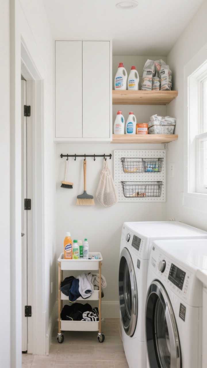 A narrow small laundry room, wide shot from the doorway, showcasing full-height vertical storage: open shelves over front-loading washer and dryer with neatly arranged detergent bottles and dryer sheets, a tall cabinet hiding bulk items, wall-mounted hooks holding a lint brush, dustpan, and mesh bags. Include a slim rolling cart tucked between appliances with stain removers and lost socks visible, and a white pegboard with adjustable hooks and wire baskets on one wall. Clean, bright natural light, neutral walls with white and light wood textures, photorealistic.