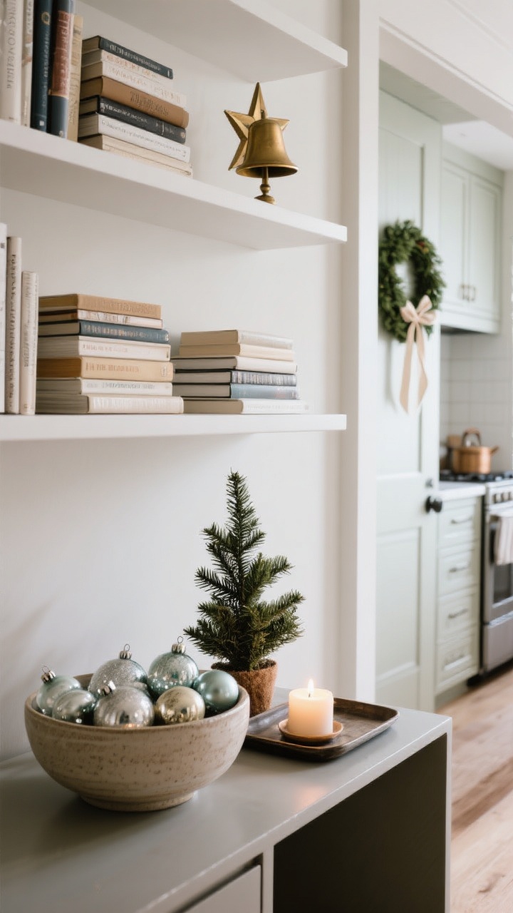 A series-style medium shot focused on a curated vignette on an entry console: a ceramic bowl filled with glass ornaments, a petite potted pine, and a single lit candle on a tray; in the background, a bookshelf with books stacked horizontally topped by a single brass bell and a star, plus a tiny kitchen peek with a mini wreath on a cabinet tied with a thin ribbon; clean lines and subtle holiday energy without clutter.