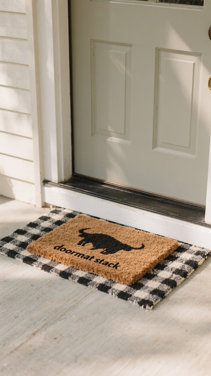 A straight-on, detail-focused porch threshold showcasing a “doormat stack”: a bold buffalo-check or subtle plaid outdoor rug beneath an 18x30 coir mat; the base rug sized 2’x3’ or 3’x5’ to extend the visual footprint; high-contrast combo against a neutral door; crisp lines and clean edges; soft directional daylight; subtle wear patterns suggesting periodic rotation to prevent fading lines.