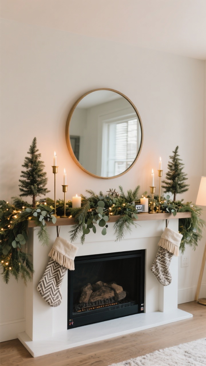 A straight-on medium shot of a “faux mantel” styled on a long console: lush mixed greenery garland (cedar and eucalyptus) anchored cleanly, micro fairy lights tucked into the foliage with batteries hidden, staggered brass candle holders, a round mirror centered above for height, two minimalist tabletop trees at varied heights, and coordinated stockings with subtle patterns and clipped tassels; balanced asymmetry, warm candlelight and 2700K lamp glow, modern yet cozy