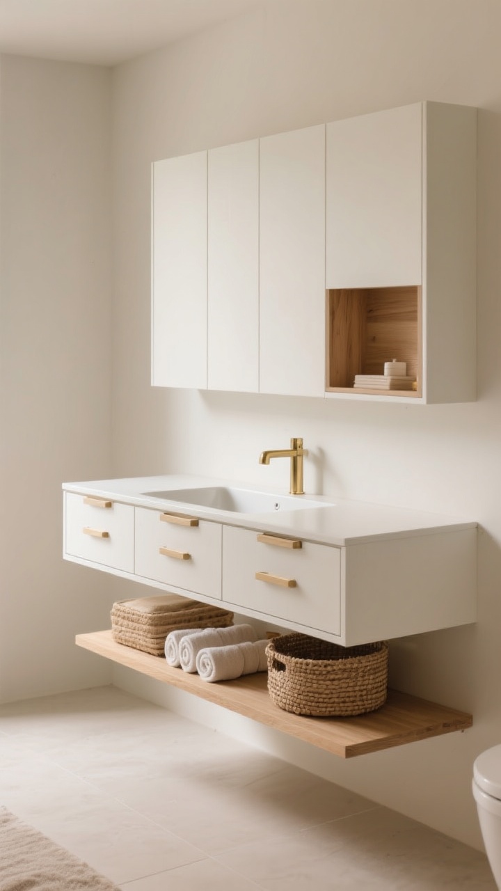 A straight-on medium shot of a floating wall-mounted vanity in matte white with pale oak accents and brushed brass hardware. Deep drawer fronts slightly ajar to suggest storage, an integrated sink with seamless edges, and an open lower shelf neatly styled with rolled towels and woven baskets. Soft, warm lighting emphasizes the hovering effect and easy-to-clean floor space beneath.