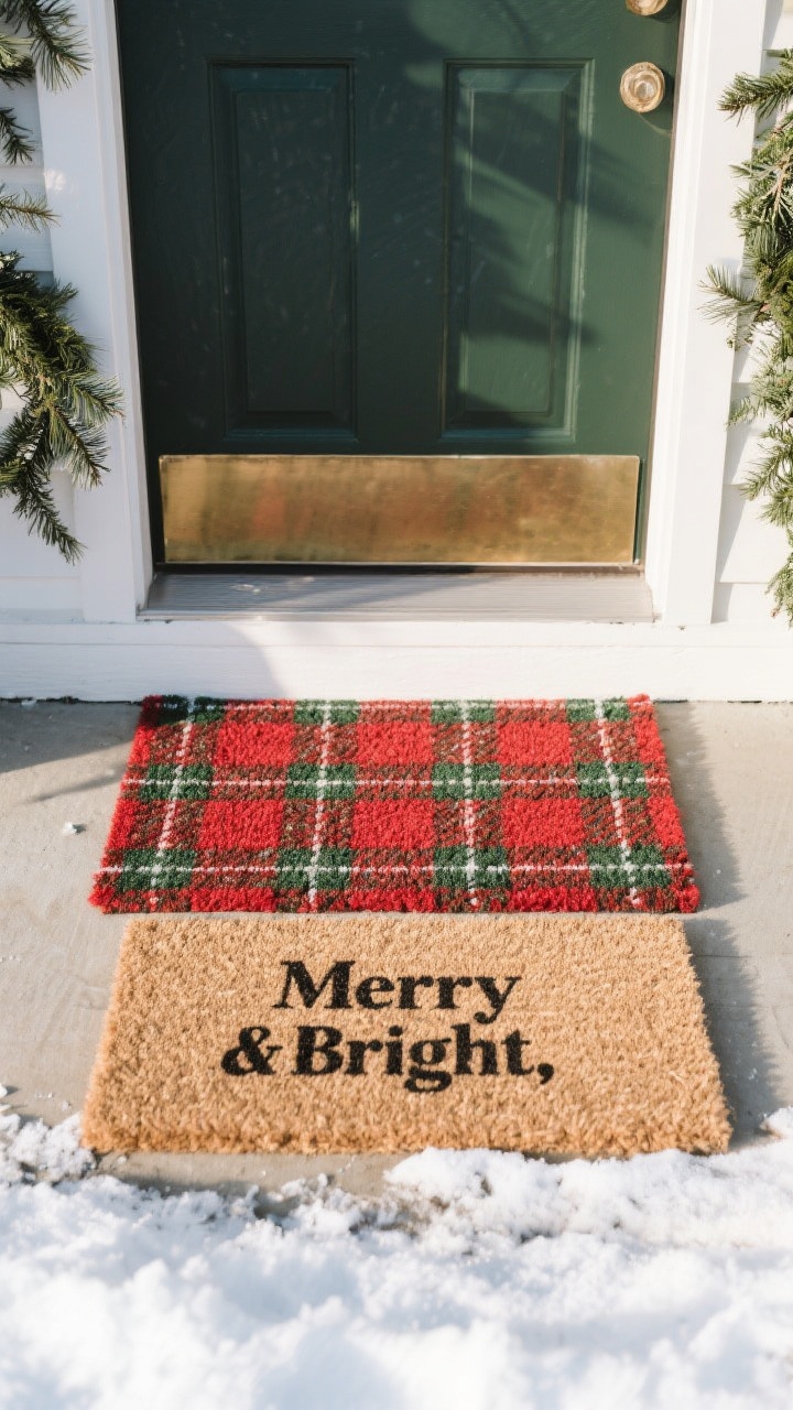 A straight-on, medium shot of a front porch entry focusing on layered welcome mats: a bold red-and-green plaid polypropylene outdoor rug beneath a smaller natural coir mat reading “Merry & Bright,” both centered at the threshold. The scene includes subtle pine garland peeking at the edges to tie the palette together, with crisp winter daylight and a clean doormat frame margin of 3–6 inches visible around the top mat. Textures of coir and woven polypropylene are sharply detailed; no people.