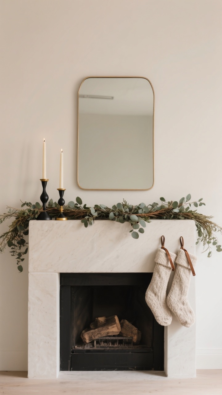 A straight-on medium shot of a minimal mantel with asymmetrical styling: a low cedar/eucalyptus garland draped lightly, tucked black and brass candlesticks with unscented tapers, matching linen or boucle stockings with leather loops hanging neatly, and a subtle, thin-framed mirror above the fireplace; the palette is calm and consistent with soft, warm lighting for a serene, chic atmosphere.
