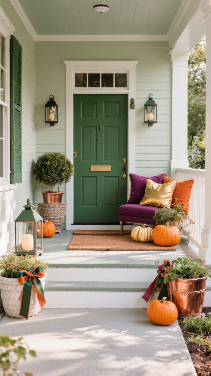 A straight-on porch shot telling a cohesive color story: forest green, copper, and cream repeated across elements—ribbons on planters, doormat tones, lantern accents, and a painted door or trim; or an alternate set with plum, burnt orange, and gold echoed in pillows, pumpkins, and planter finishes; each color appears at least three times; natural daylight highlighting intentional palette cohesion.
