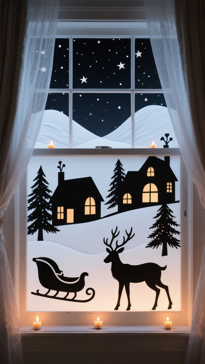 A straight-on, twilight scene of a window transformed into a storybook silhouette: layered black cardstock or vinyl cutouts of a snowy village, reindeer, sleigh, and fir trees set against white paper “hills” and a dotted starry sky. Warm backlighting behind a sheer curtain creates crisp silhouettes. Tiny battery tea lights glow behind village windows, adding depth and a magical theater-set ambiance.