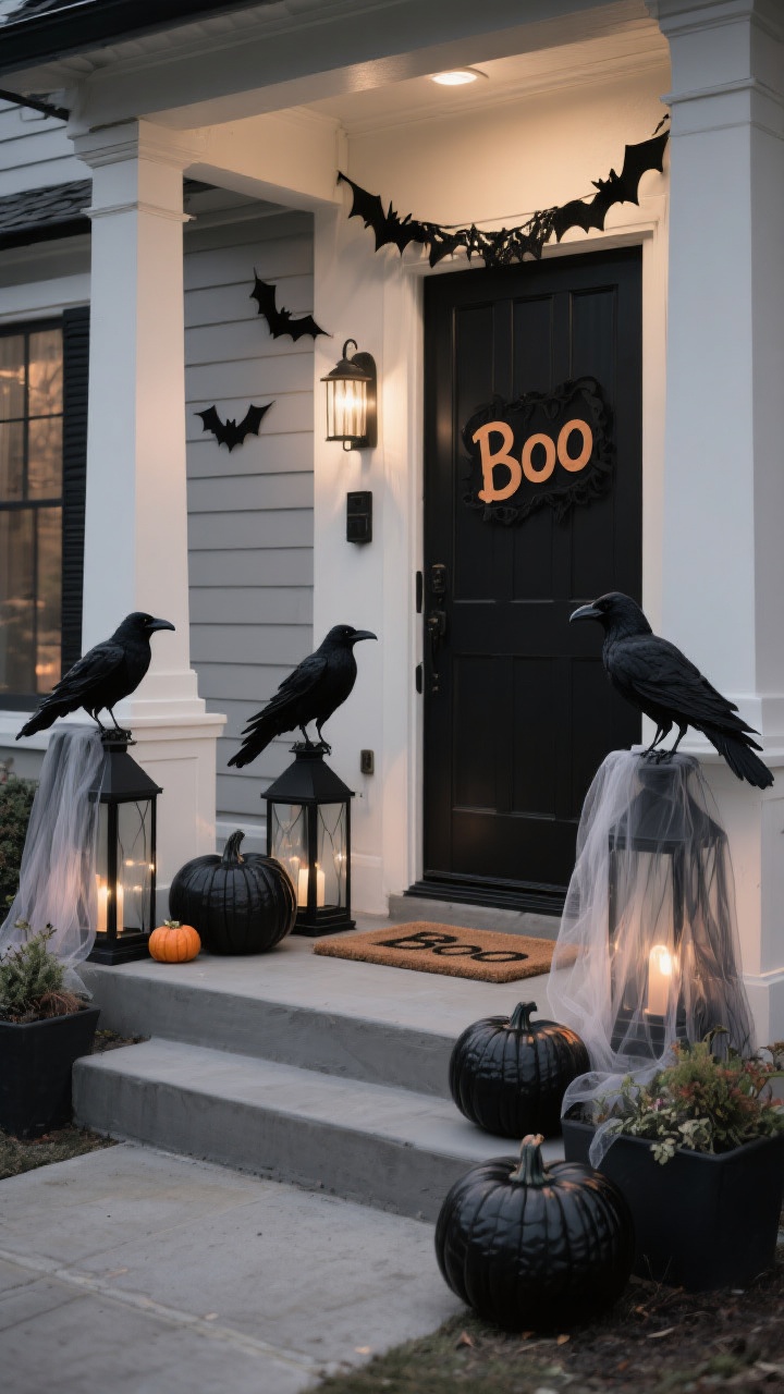 A stylish, subtle Halloween porch vignette: matte black lanterns, a few black-painted pumpkins, a pair of faux ravens perched near the steps, and gauzy fabric draped over planters; a minimal bat garland above the door; a chic “Boo” doormat; tonal palette of black, charcoal, and cream for a grown-up spooky mood; soft, moody evening light with gentle shadows.