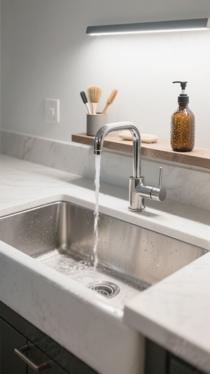 A tight, three-quarter detail shot of a deep utility sink station: a stainless steel or white fireclay basin with a pull-down faucet mid-spray, a tiny shelf above holding brushes, stain spray, and a stylish hand soap bottle; water droplets glint under bright task lighting, surrounding counters clean and utilitarian, emphasizing durability and function.