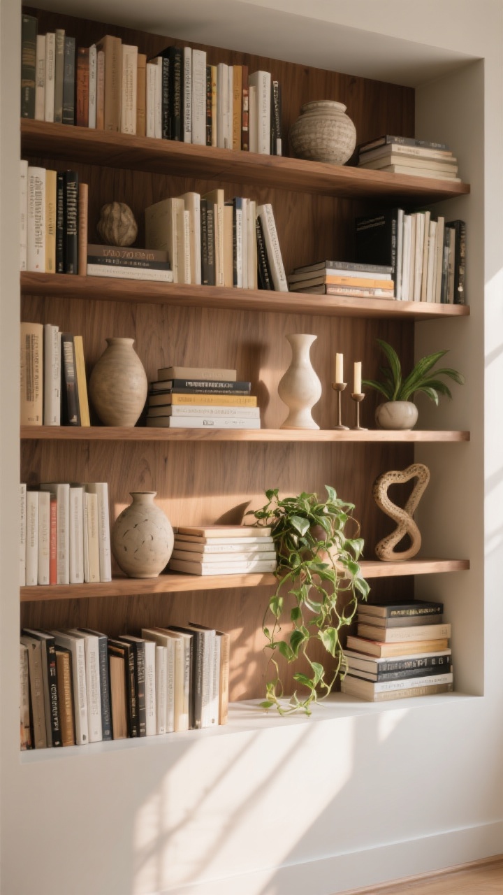 A wide-angle, straight-on view of a built-in bookshelf composed using the 60/30/10 ratio: 60% books, 30% décor (ceramic vases, candle holders, a small abstract sculpture), and 10% plants (a tiny trailing pothos and a compact snake plant); show décor overlapping in front of stacked books to create depth; warm neutral palette with wood shelves, subtle shadows, balanced gallery-like composition, natural afternoon light, no people, photorealistic.