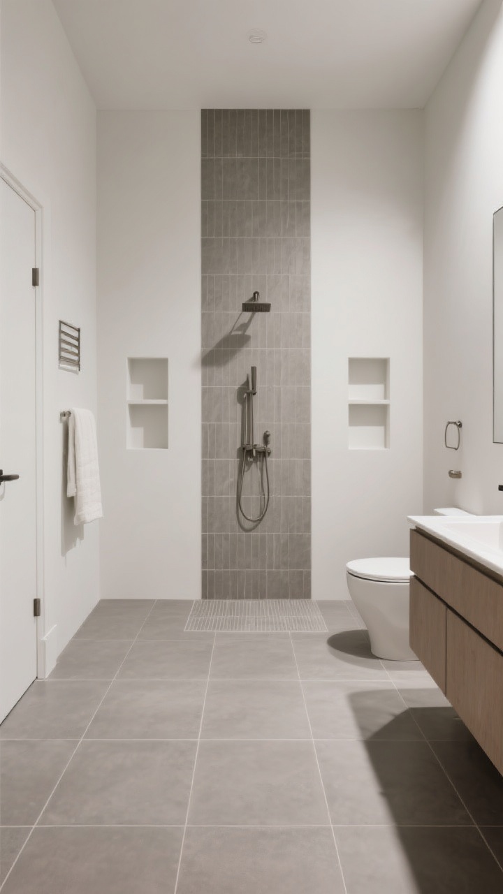 A wide bathroom view emphasizing large-format tile: 24x24 matte porcelain on the floor and 12x24 tiles installed vertically on the walls to elongate the room. Use continuous tile flowing from the main floor into the shower for a seamless look. Include a symmetrical shower niche lined in a complementary tile. Show two grout options: color-matched on walls for minimalism and a slightly contrasting grout on the floor for character.