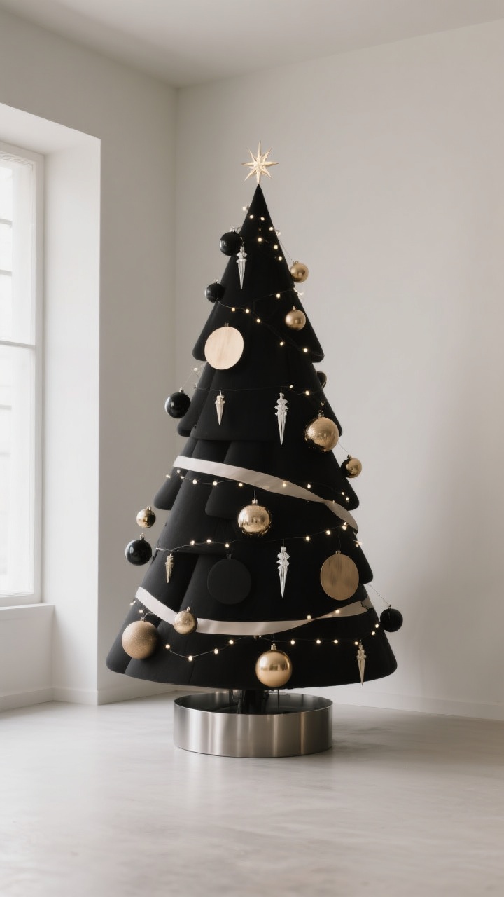 A wide corner-angle shot of a minimalist Christmas tree styled with sculptural simplicity: matte black and brushed brass ornaments in simple shapes (spheres, discs, icicles) clustered sparingly, warm white micro-lights twinkling like stars, a narrow tailored ribbon, and a metal tree collar as a crisp base; the tree is placed slightly off-center in the room with neutral walls and a clean floor for an editorial, modern vibe.