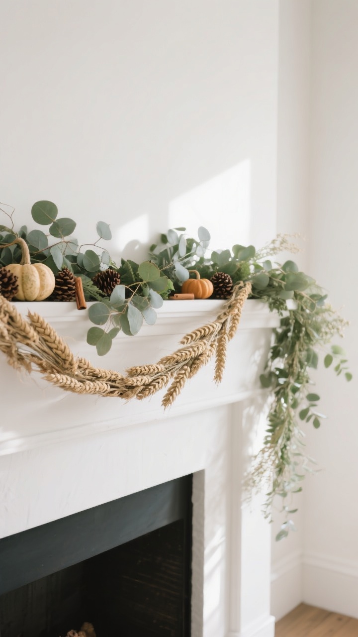 A wide, corner-angle view of a mantle draped with organic, airy faux greenery: a lush eucalyptus garland as the base, layered with a second garland of dried wheat/hops for texture. The greenery is asymmetrically draped with one end hanging lower. Tucked-in details include mini gourds, scattered pinecones, and a few cinnamon sticks. Natural daylight, minimal shadows, fresh and botanical mood. Clean white wall backdrop, neutral mantle; photorealistic, no people.