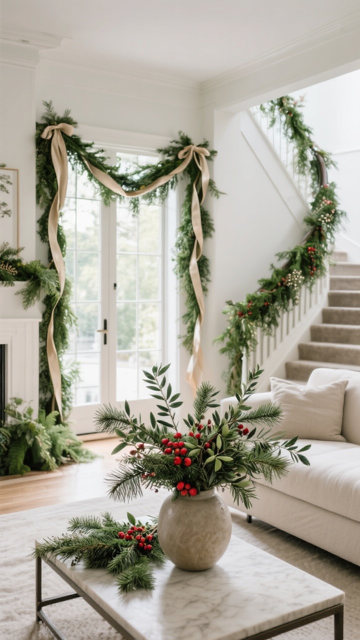 A wide corner shot of a living room saturated with greenery accents: garlands swagged over a window and doorway with long satin ribbon tails, a vase on the coffee table filled with cedar clippings and olive branches dotted with red berries, and a staircase spillover visible in the background using the same palette; mix of real and faux foliage for fullness and freshness; daylight streaming in, crisp and festive editorial feel