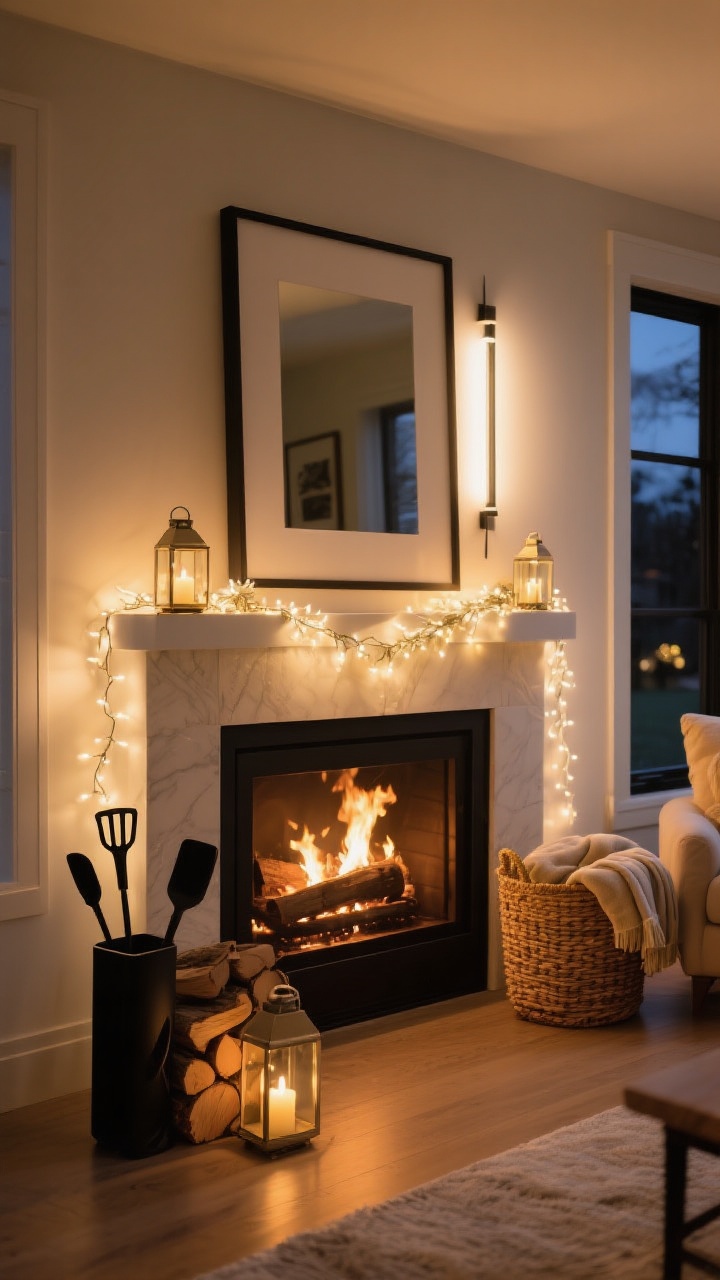 A wide, cozy evening scene focusing on layered lighting and fire-safe flair: a softly crackling fireplace, warm white fairy lights woven through a garland across the mantle, a slim clip-on picture light illuminating the focal art/mirror, and a couple of micro lanterns placed on the hearth. Add fireplace-safe accessories: a sleek black iron tool set, a modern log holder with stacked wood, and a woven basket with folded throws. Golden, inviting glow; photorealistic, no people.