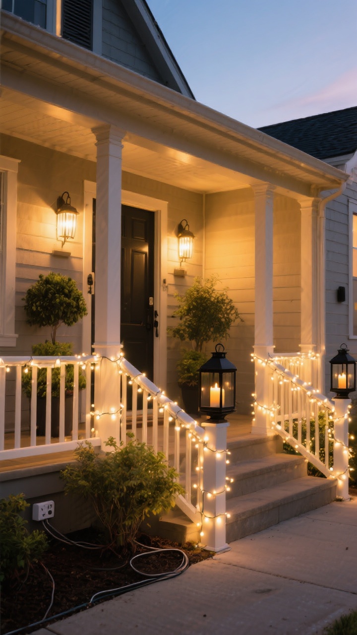 A wide dusk exterior of a front porch glowing with layered lighting: warm white string lights (2700–3000K) twined along the railing, micro-lights wrapped around balusters, two black metal lanterns with flameless candles flanking the door, and a soft spotlight subtly illuminating greenery near the entry. Smart plugs/timers implied via tidy, hidden cords. Atmosphere is cozy and golden, not overly bright; emphasis on warm color temperature and layered light sources.