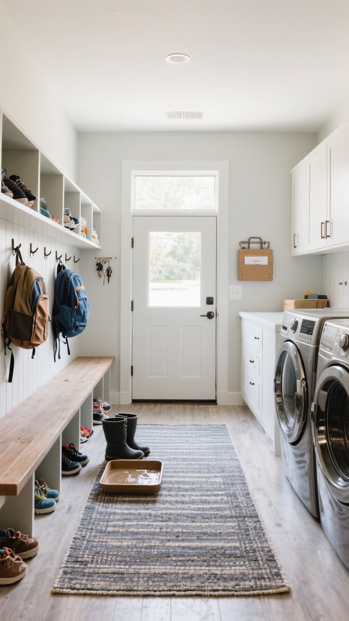 A wide, entry-facing shot of a laundry room doubling as a mudroom: built-in bench with hooks and cubbies for shoes and backpacks, a durable washable rug runner on the floor, a tray for wet boots near the door, and a wall-mounted organizer for keys and mail; washers and cabinets visible to one side, unified by practical, family-friendly styling and bright, welcoming light.