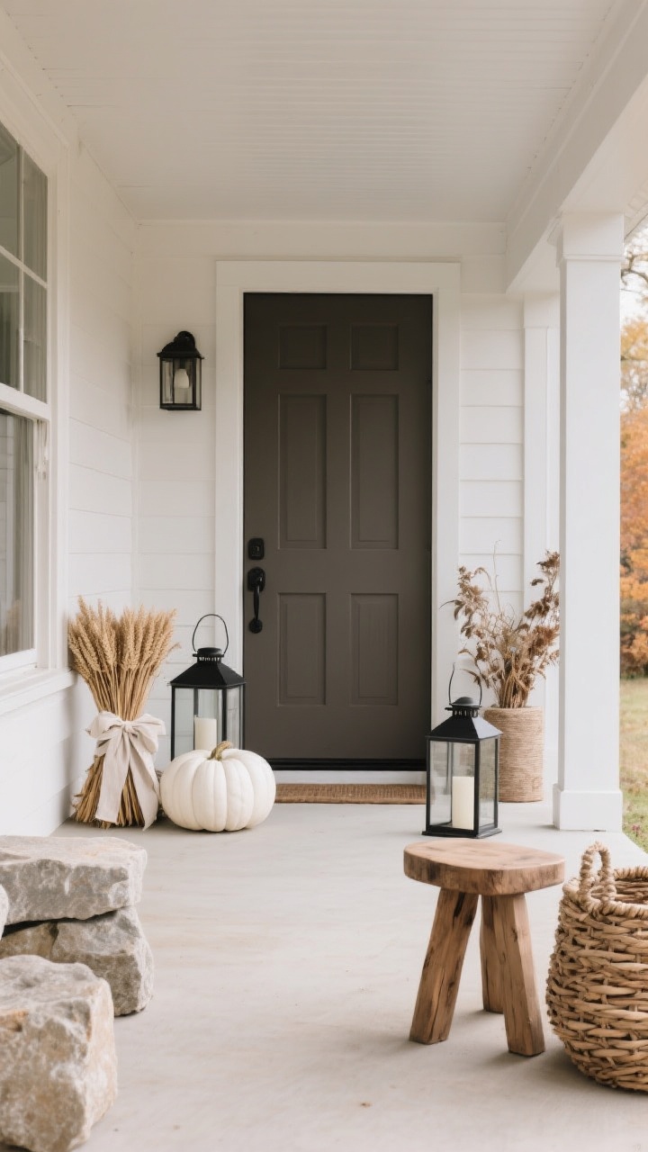 A wide, minimalist porch scene in a neutral fall palette: creamy whites, taupe, oatmeal, and soft charcoal dominate; white pumpkins paired with wheat bundles tied in linen ribbon; matte black hardware and lanterns add modern contrast; raw wood stool, woven baskets, stone accents, and dried botanicals for texture; a moody, darker door color grounding the composition; soft, diffused daylight for a calm, refined mood.