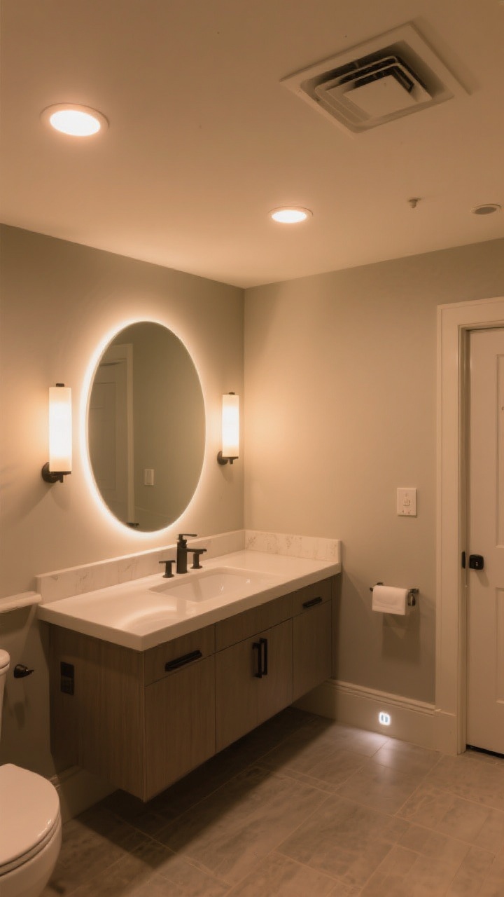 A wide, photorealistic basement bathroom shot with layered lighting: warm 2700–3000K recessed LED ceiling cans, a large backlit pill-shaped mirror over a vanity, and matching eye-level sconces casting flattering glow without harsh shadows. Include a subtle motion-sensor night light near the baseboard. Add a wall dimmer by the door. Neutral, cozy palette; no windows; soft, even illumination that eliminates dark corners.