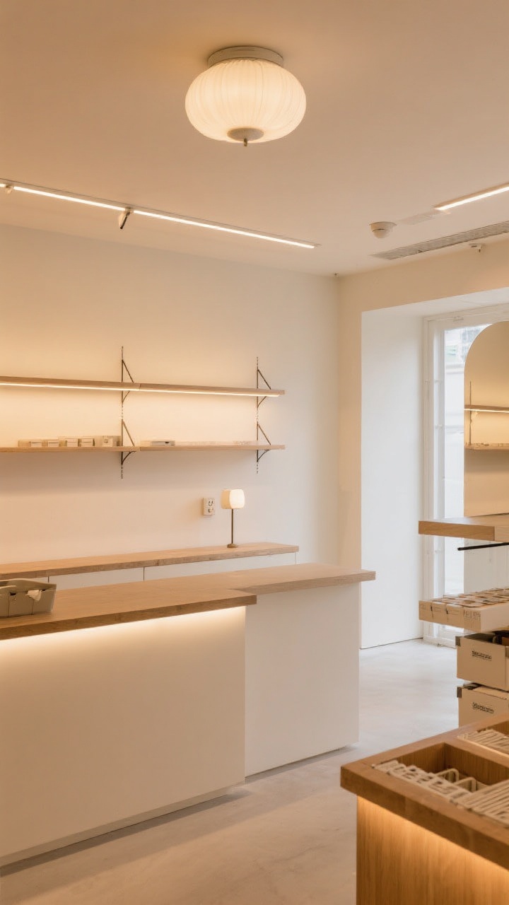 A wide shot lit like a boutique: warm 3000K LEDs in a milk-glass flush-mount ceiling fixture, LED strip task lighting glowing beneath a shelf over the folding counter, and a tiny plug-in sconce adding a soft accent near a sorting area; whites appear crisp and true; clean, modern finishes; camera positioned low enough to capture layered light sources and their effects on surfaces.