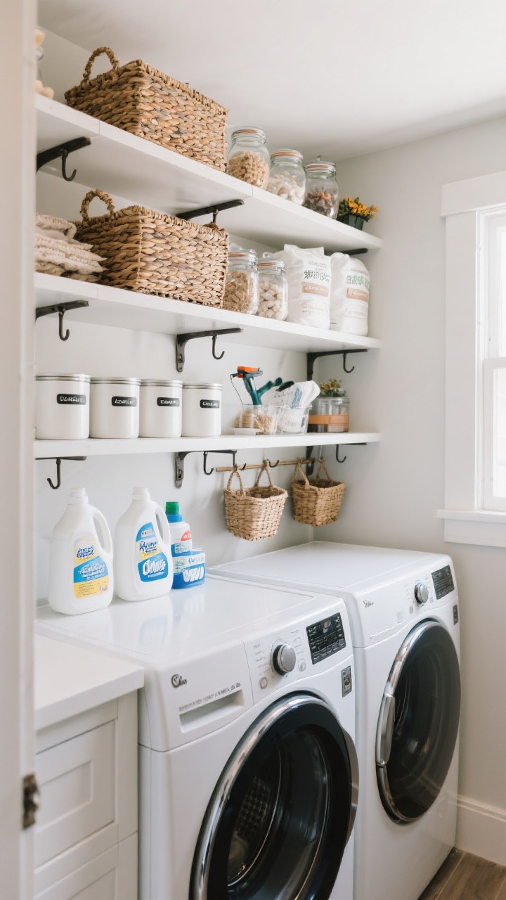 A wide shot of a compact laundry room with wall-to-wall open shelving above front-load machines; lower shelf holds grouped essentials like detergent, stain remover, and dryer sheets in labeled canisters; upper shelf stores bulk refills and seasonal supplies in woven baskets and glass jars; shelf brackets feature hooks underneath holding small tools and mini hanging baskets; clean, airy lighting; angled corner perspective.
