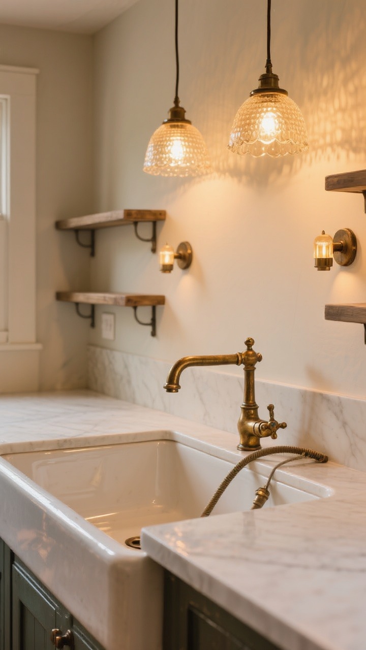 A wide shot of a hardworking farmhouse sink wall: an apron-front fireclay sink with a classic bridge faucet in aged brass, complete with a side sprayer. Overhead, layered lighting: a pair of warm pendants with seeded glass over the sink, small sconces flanking nearby shelves, and a dimmed soft overhead glow (2700K–3000K) creating a golden-hour ambiance. Surrounding finishes are understated to let the fixtures shine; subtle reflections on the faucet’s patina and soft shadows from the pendants add depth.