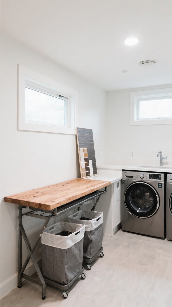 A wide shot of a laundry room featuring a counter-height folding station spanning over front-load appliances: a warm butcher block countertop with waterproof finish, a laminate sample board leaned nearby for contrast, and open space beneath holding two rolling laundry sorters; bright functional lighting with a subtle window glow, clean white walls, and a streamlined, ergonomic layout that invites easy folding.