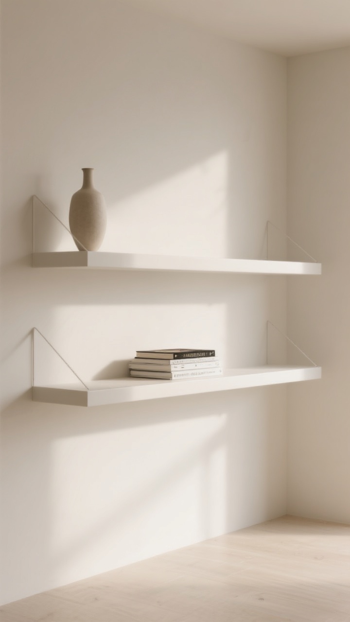A wide shot of a minimalist shelving unit embracing negative space: top corners feature a single tall vase, center shelf has a standout horizontal book stack with a clear gap around it, and edges show items floated away from the ends; airy composition with plenty of breathing room, light neutral walls, gentle morning light, calm editorial mood, no people, photorealistic.