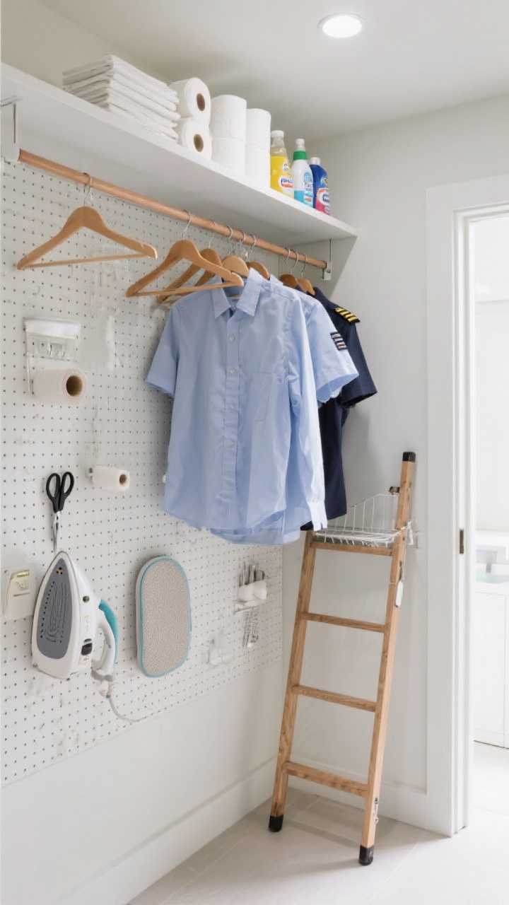 A wide shot showcasing vertical storage: a hanging bar mounted under an upper shelf with shirts and delicates on uniform hangers; a full pegboard wall holding lint rollers, scissors, a mini ironing pad, and a handheld steamer; a slim shelf above the doorway with neatly stacked paper towels and extra detergents; a ladder-style drying rack leaning against the wall; bright, even lighting from above; slight upward angle to emphasize height.